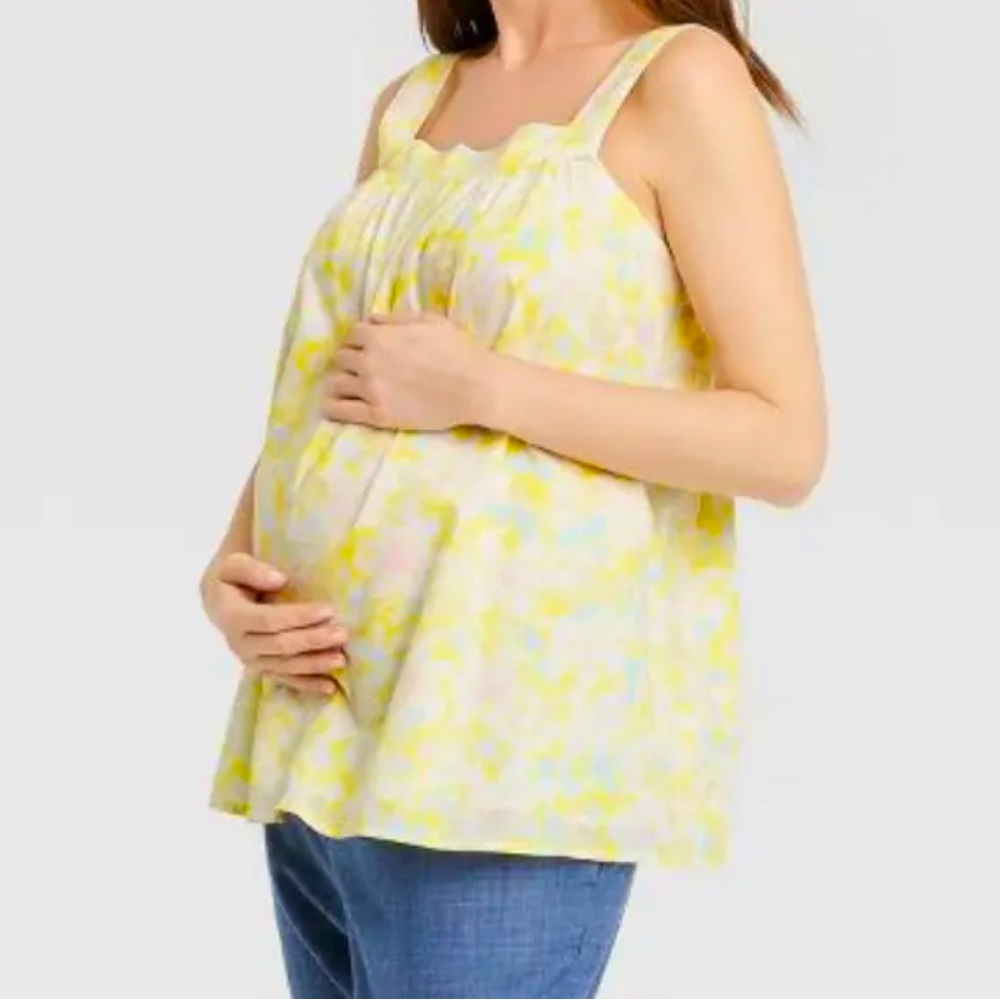 The Nines by Hatch Yellow Floral Swing Maternity Top Tank Blouse